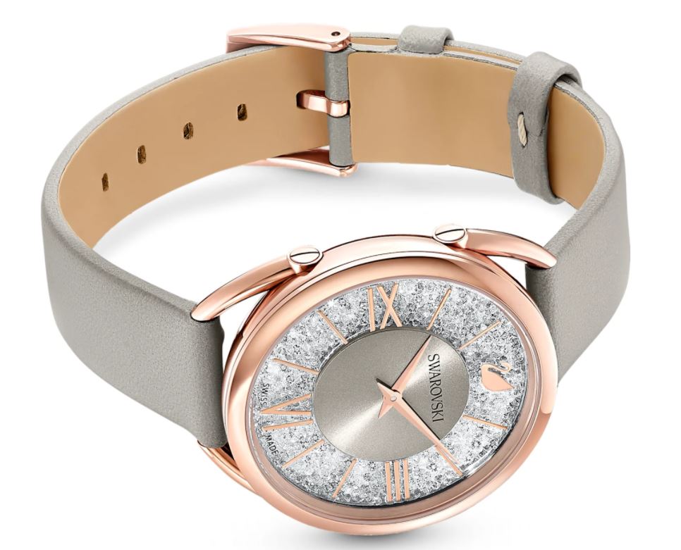Crystalline Glam Watch, Leather strap, Grey, Rose-gold tone PVD