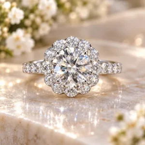 18K White Gold Diamond Halo Engagement Ring – 1.58 ct Round Diamond