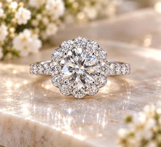 18K White Gold Diamond Halo Engagement Ring – 1.58 ct Round Diamond