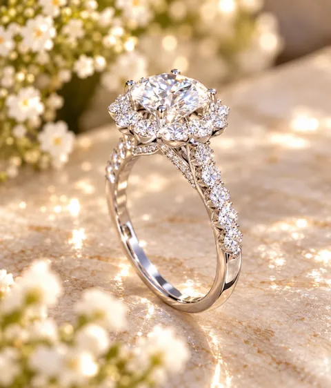 18K White Gold Diamond Halo Engagement Ring – 1.58 ct Round Diamond - Image 2