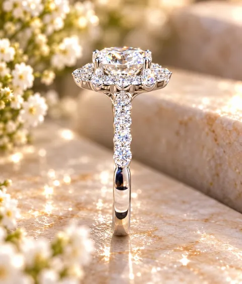18K White Gold Diamond Halo Engagement Ring – 1.58 ct Round Diamond - Image 3