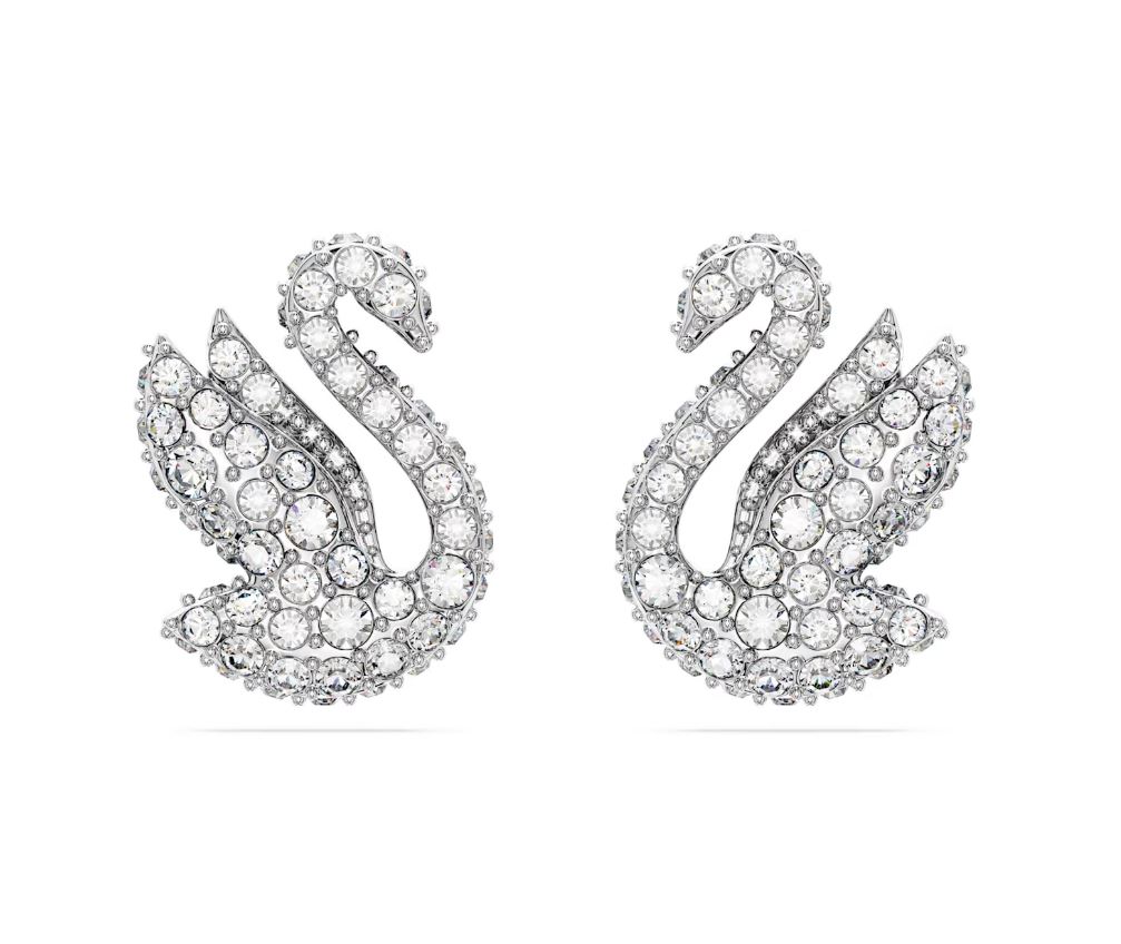 Swarovski Iconic Swan stud earrings Swan, White, Rhodium plated ...