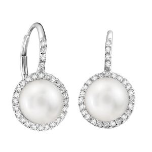 Cultured Freshwater Pearl & Diamond Halo Dangle Earrings (White)
