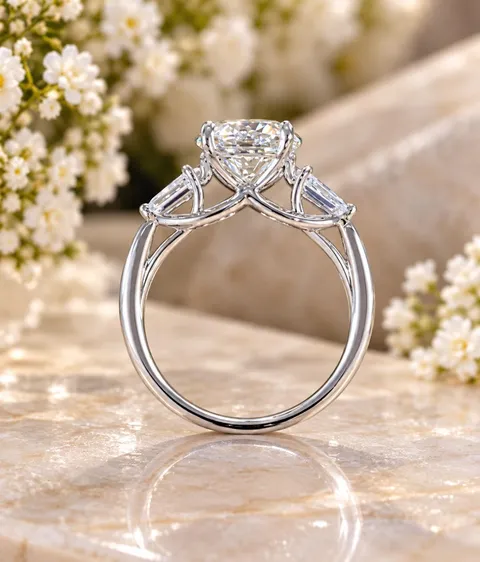 18K White Gold Lab-Grown Diamond Engagement Ring with Kite-Shaped Side Diamonds - Image 3