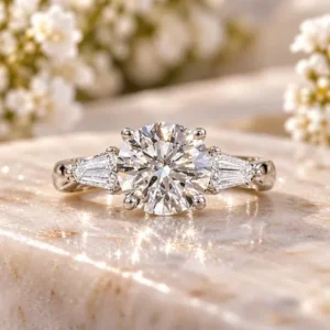 18K White Gold Lab-Grown Diamond Engagement Ring with Kite-Shaped Side Diamonds