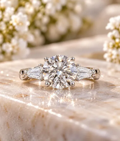 18K White Gold Lab-Grown Diamond Engagement Ring with Kite-Shaped Side Diamonds