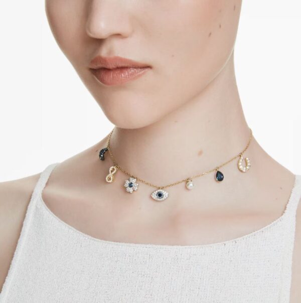 Symbolica choker Crystal pearl, Moon, infinity, clover, evil eye and horseshoe, Blue, 18k gold plated - Image 2