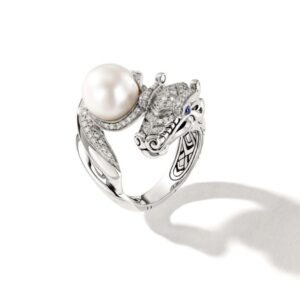 Naga Ring, Sterling Silver, Diamonds, Pearl (Size 7)