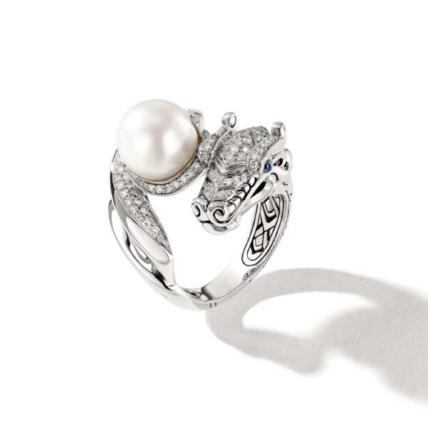 Naga Ring, Sterling Silver, Diamonds, Pearl (Size 7)