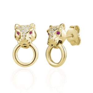 Classic Lionesse Stud Earrings in Yellow with Red Eyes