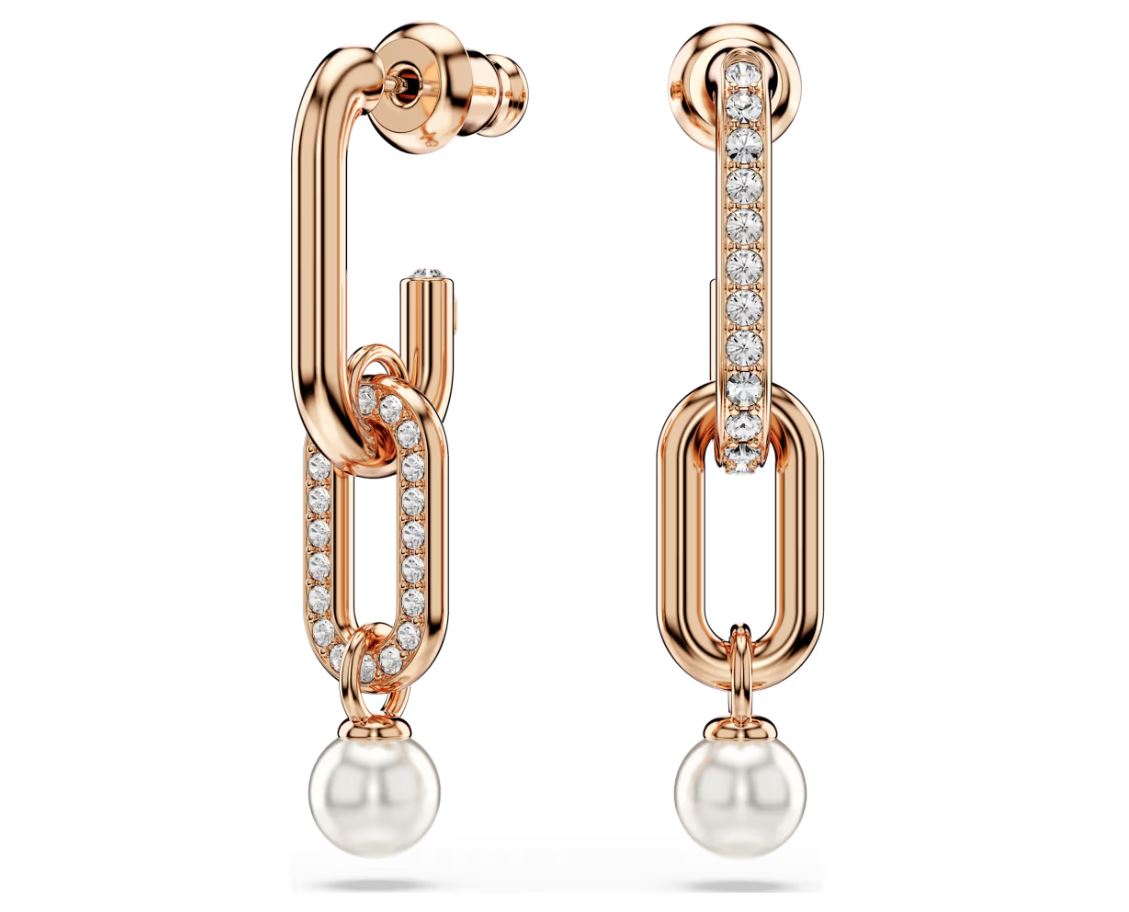 Constella drop earrings Crystal pearl, Round cut, White, Rose gold-tone plated
