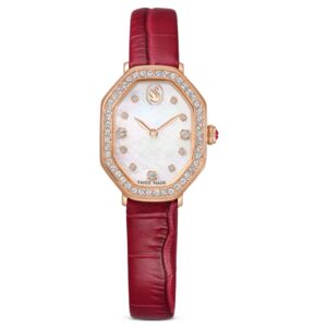 Dextera octagon watch Swiss Made, Leather strap, Red, Rose gold-tone finish