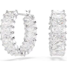 Matrix hoop earrings Baguette cut, White, Rhodium plated