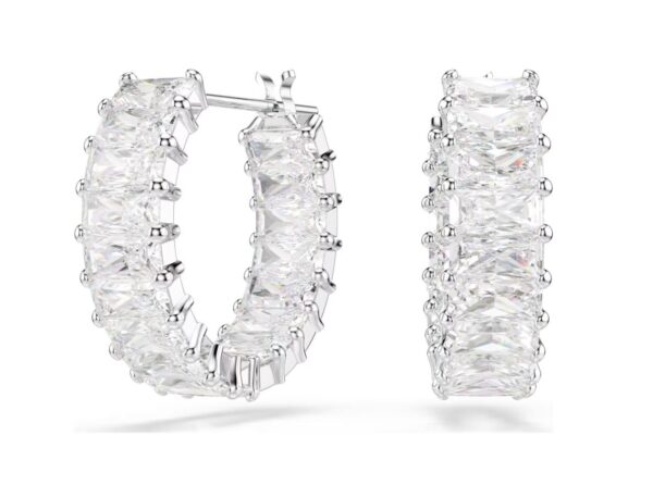 Matrix hoop earrings Baguette cut, White, Rhodium plated