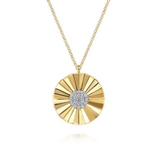 Diamond Cut - 14K White and Yellow Gold Diamond Round Shape Necklace with Diamond Cut Texture