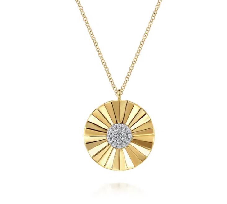 Diamond Cut - 14K White and Yellow Gold Diamond Round Shape Necklace with Diamond Cut Texture