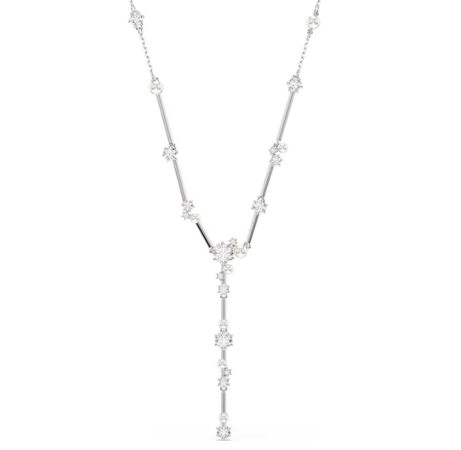 Constella Y necklace Crystal pearl, Round cuts, White, Rhodium plated