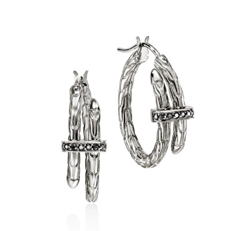 Spear Hoop Earrings, Sterling Silver, Black Sapphire, 22.5mm