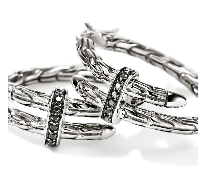 Spear Hoop Earrings, Sterling Silver, Black Sapphire, 22.5mm - Image 2