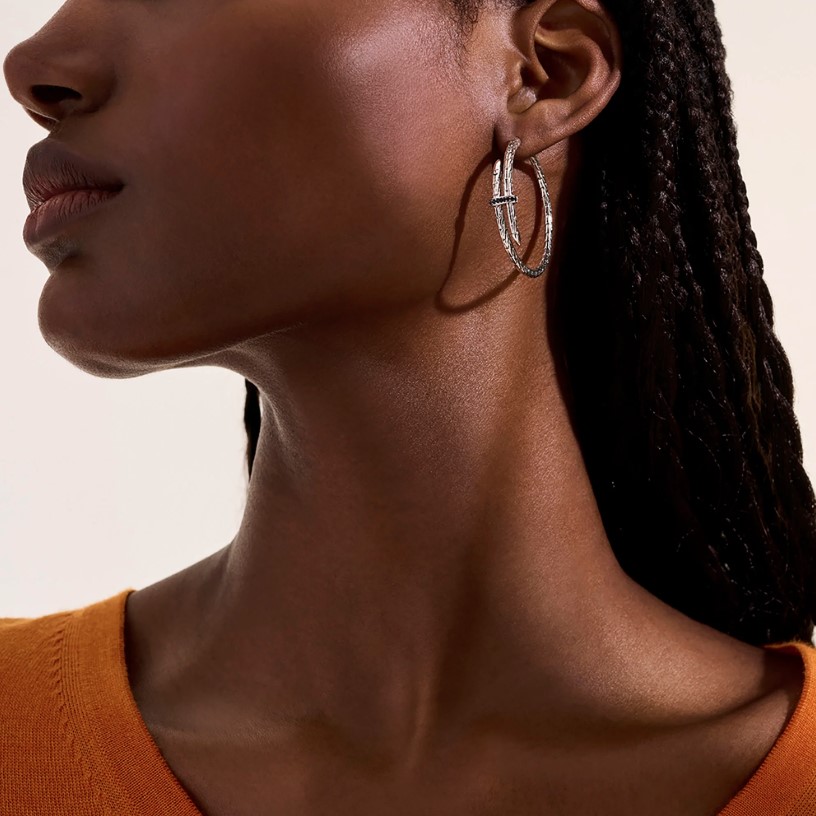 Spear Hoop Earrings, Sterling Silver, Black Sapphire, 22.5mm - Image 4