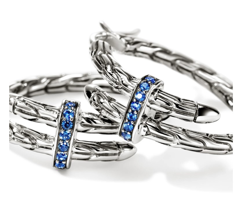 Spear Hoop Earrings, Sterling Silver, Blue Sapphire, 22.5MM