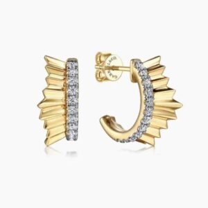 Diamond Cut - 14K Yellow Gold Diamond J Back Stud Earrings with Diamond Cut Texture