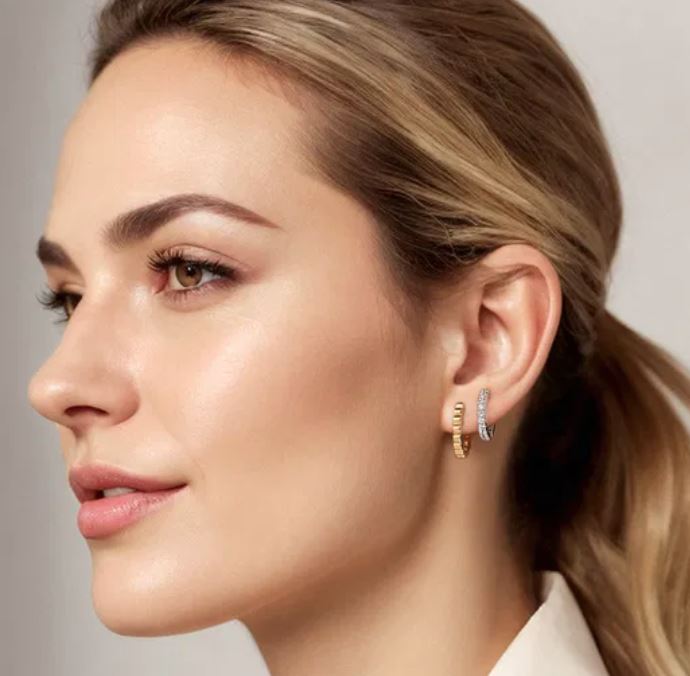 Preorder – 14K White and Yellow Gold Diamond Easy Stackable Earrings - Image 2