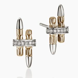 Spear Stud Earrings, Gold, Sterling Silver, Diamonds