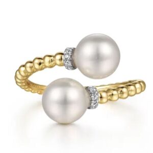 14K White-Yellow Gold Diamond and Pearl Bujukan Bypass Ring