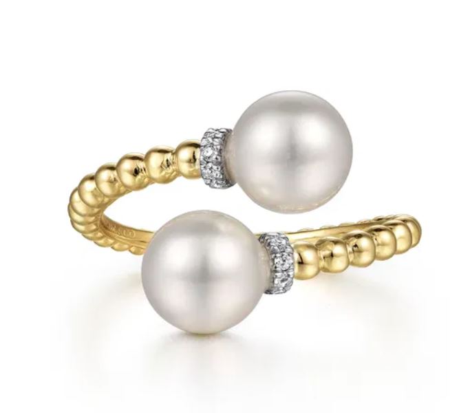 14K White-Yellow Gold Diamond and Pearl Bujukan Bypass Ring