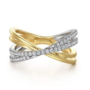 Preorder – 14K White and Yellow Gold Diamond Criss Cross Ladies Ring