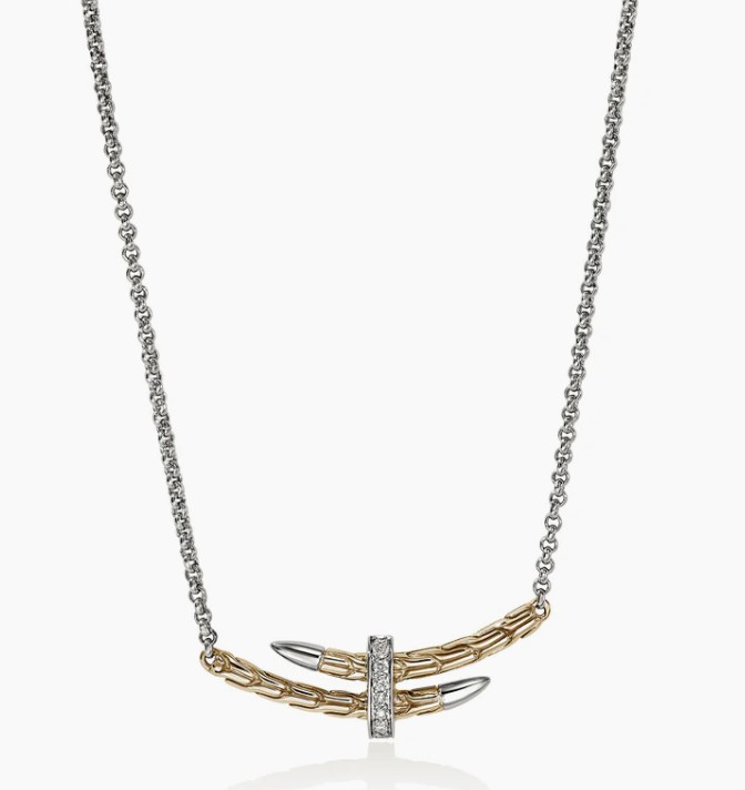 Spear Station Necklace, Gold, Sterling Silver, Diamonds