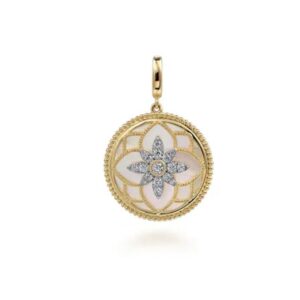 Preorder – Floral 14K Yellow Gold Bujukan Diamond and Mother of Pearl Medallion Pendant (24mm) with Detachable Bail