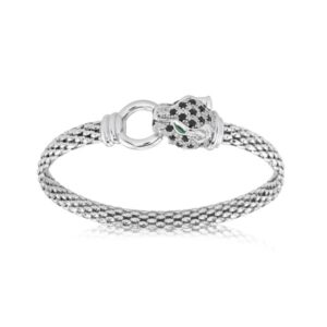 Classic Panthere Mesh Bracelet in White with Green Eyes