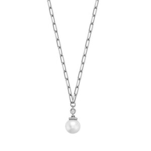 Cultured Pearl & Diamond Drop Necklace on Paper Clip Chain