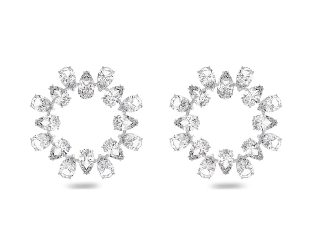 Matrix hoop earrings Pear cut, White, Rhodium plated