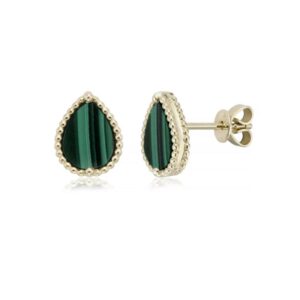 Beaded Pear Malachite Stud Earrings in Yellow