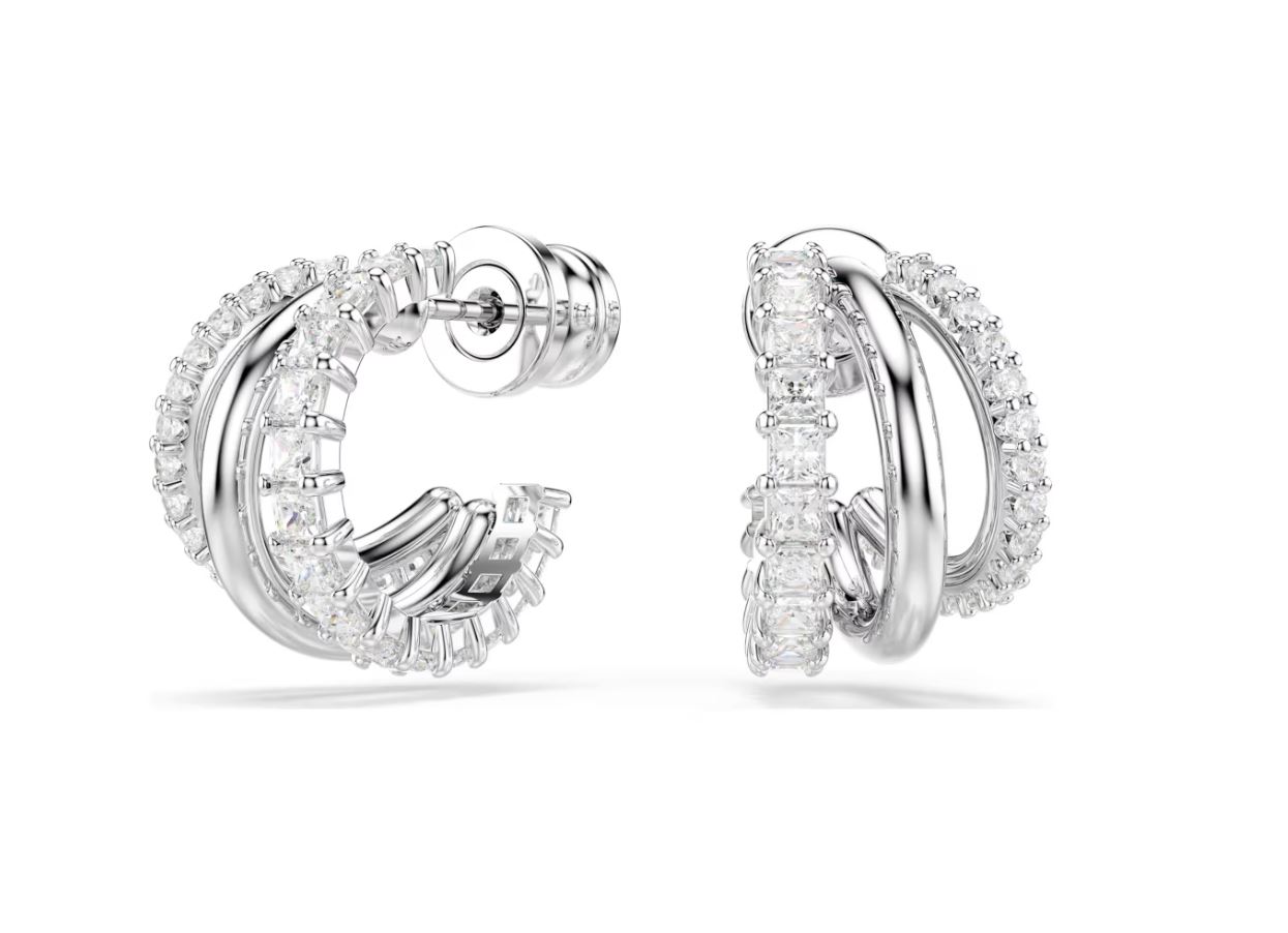 Hyperbola hoop earrings Round cut, Mini, White, Rhodium plated