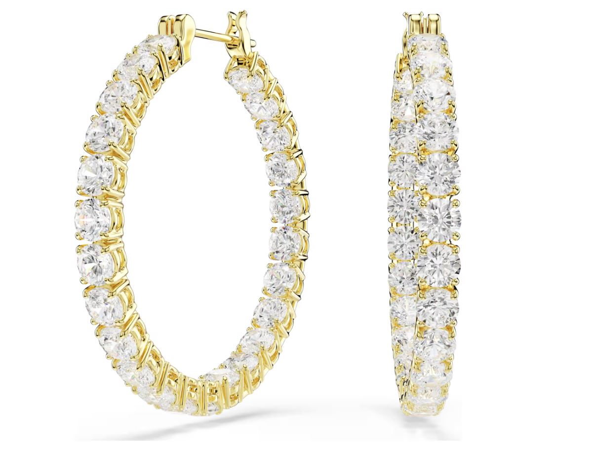 Matrix hoop earrings Round cut, White, Gold-tone plated