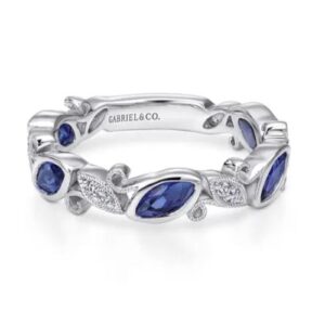 Preorder – 14K White Gold Marquise Station Sapphire and Diamond Ring