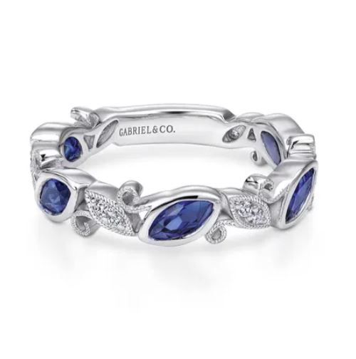 Preorder – 14K White Gold Marquise Station Sapphire and Diamond Ring