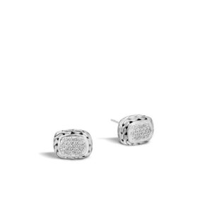 Carved Chain Stud Earring, Silver, Diamonds