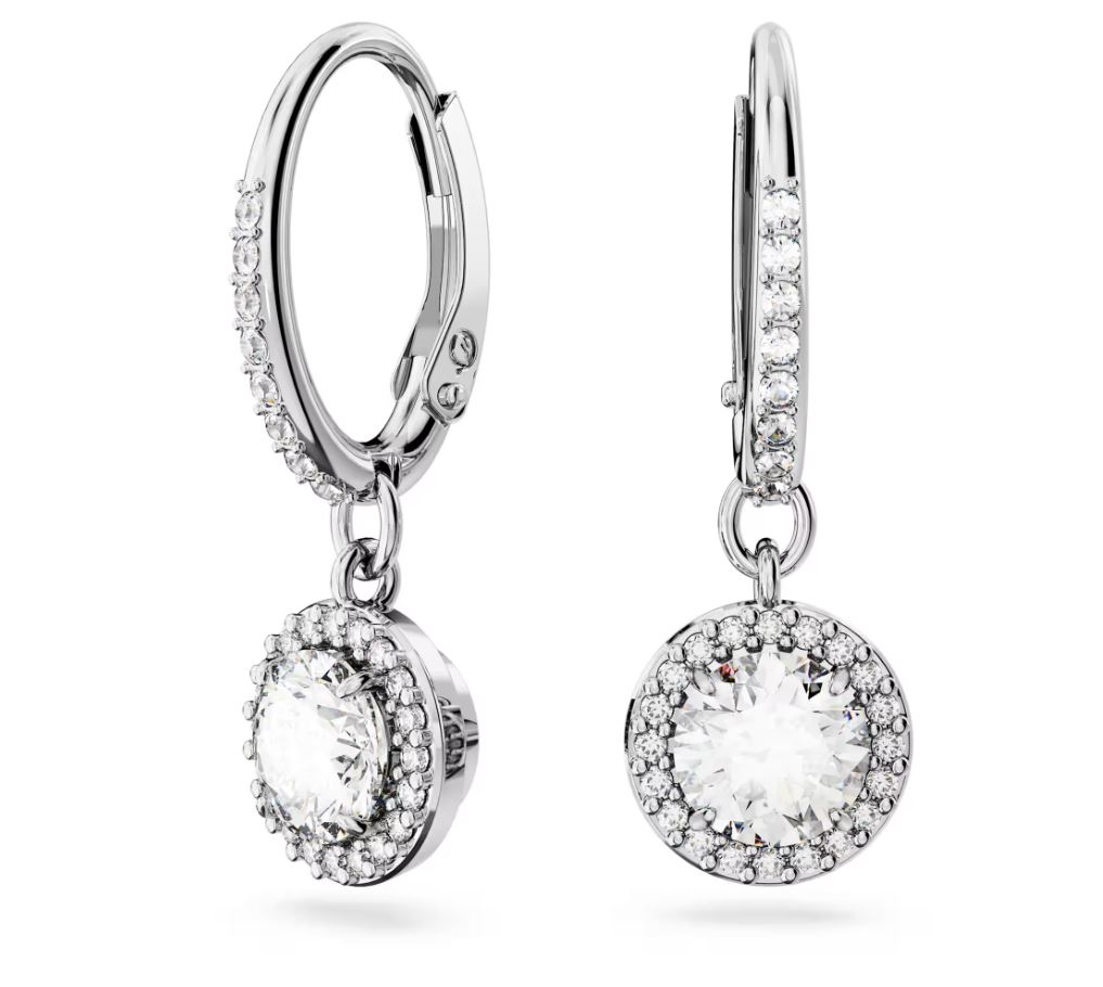 Una Angelic drop earrings Round cut, Pavé, White, Rhodium plated
