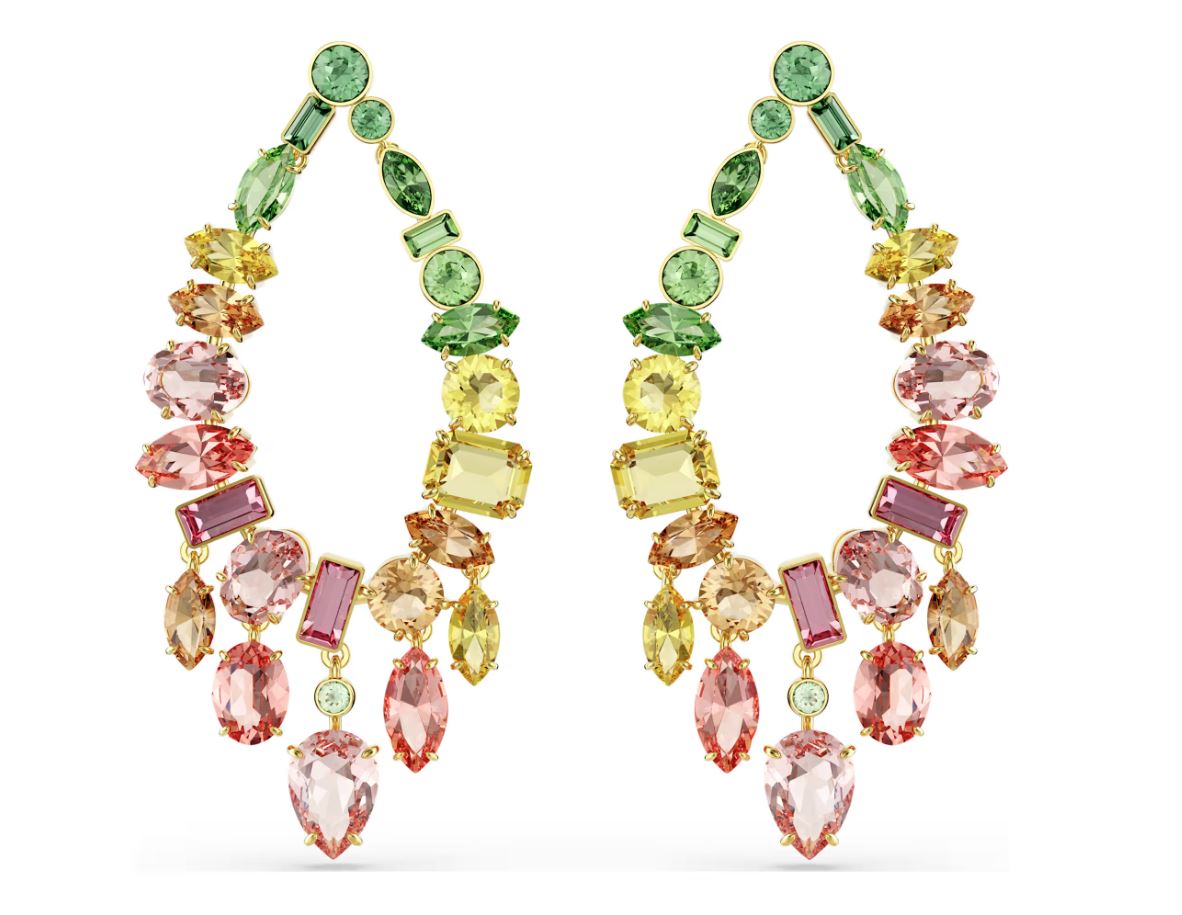 Gema drop earrings Mixed cuts, Chandelier, Multicoloured, Gold-tone plated