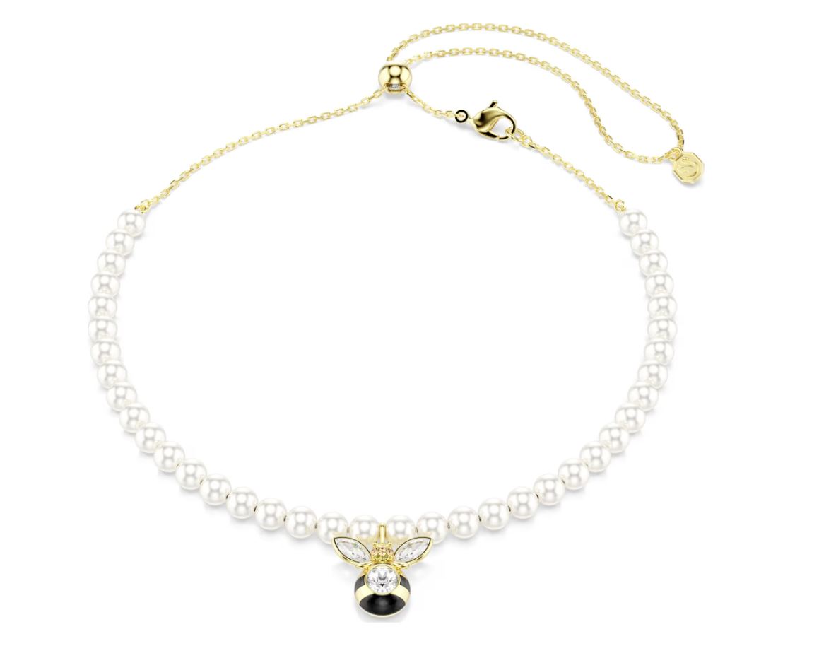 Idyllia choker Crystal pearl, Mixed cuts, Bee, White, Gold-tone plated