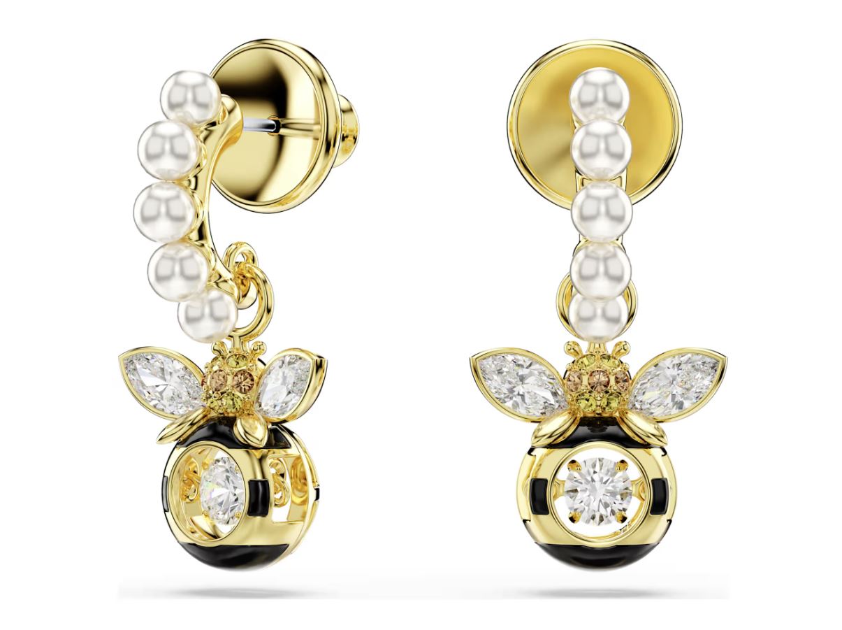 Idyllia drop earrings Crystal pearl, Mixed cuts, Bee, Multicoloured, Gold-tone plated