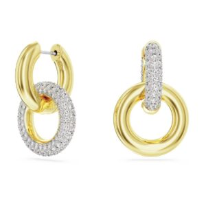 Dextera hoop earrings Asymmetrical design, Interlocking loop, White, 18k gold finish