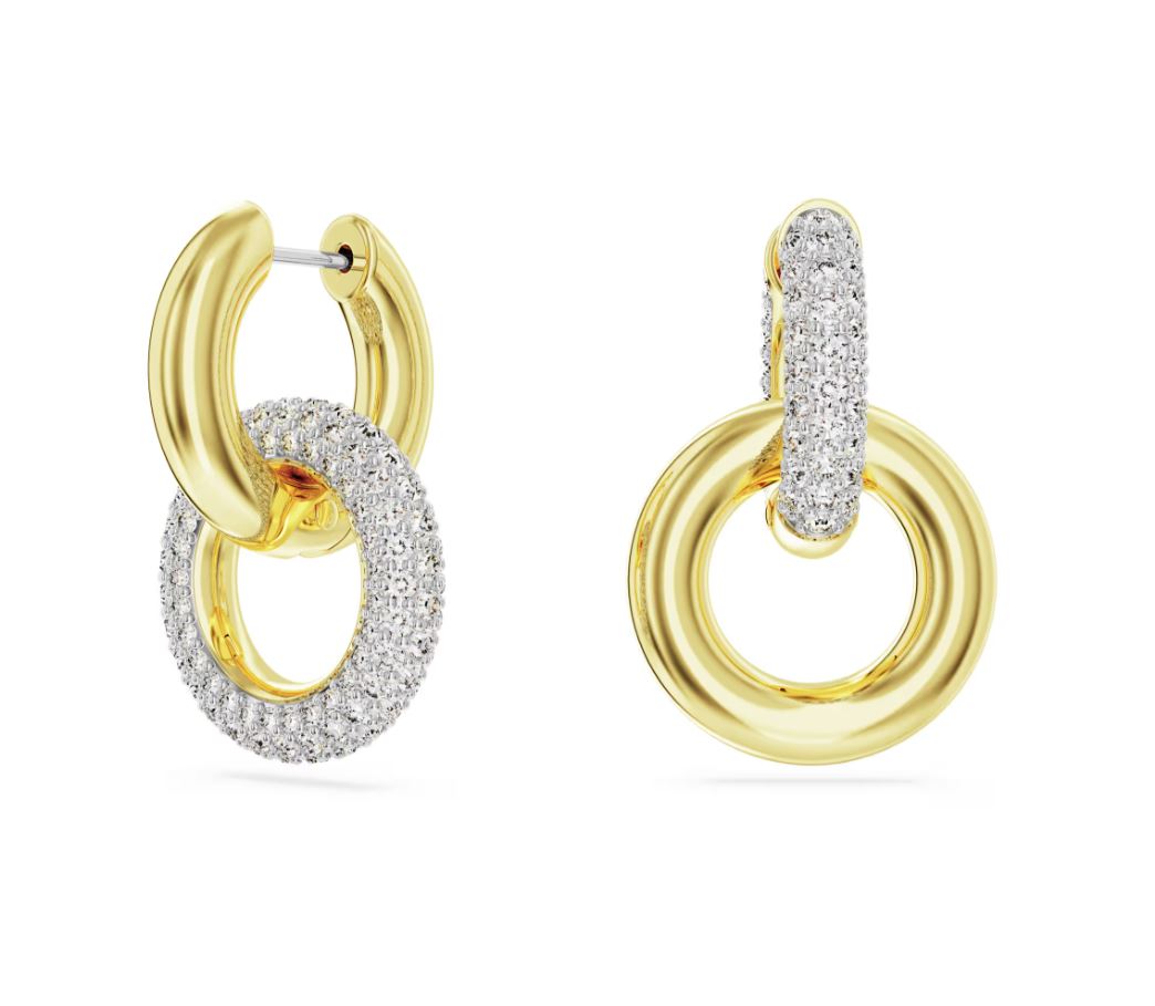 Dextera hoop earrings Asymmetrical design, Interlocking loop, White, 18k gold finish