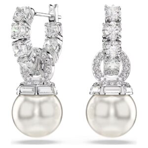 Matrix drop earrings Crystal pearl, Round cut, White, Rhodium plated