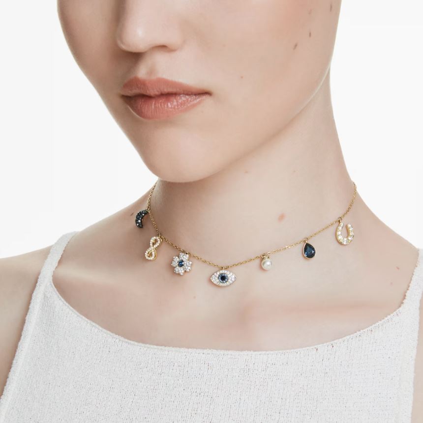 Symbolica choker Crystal pearl, Moon, infinity, clover, evil eye and horseshoe, Blue, 18k gold finish - Image 2